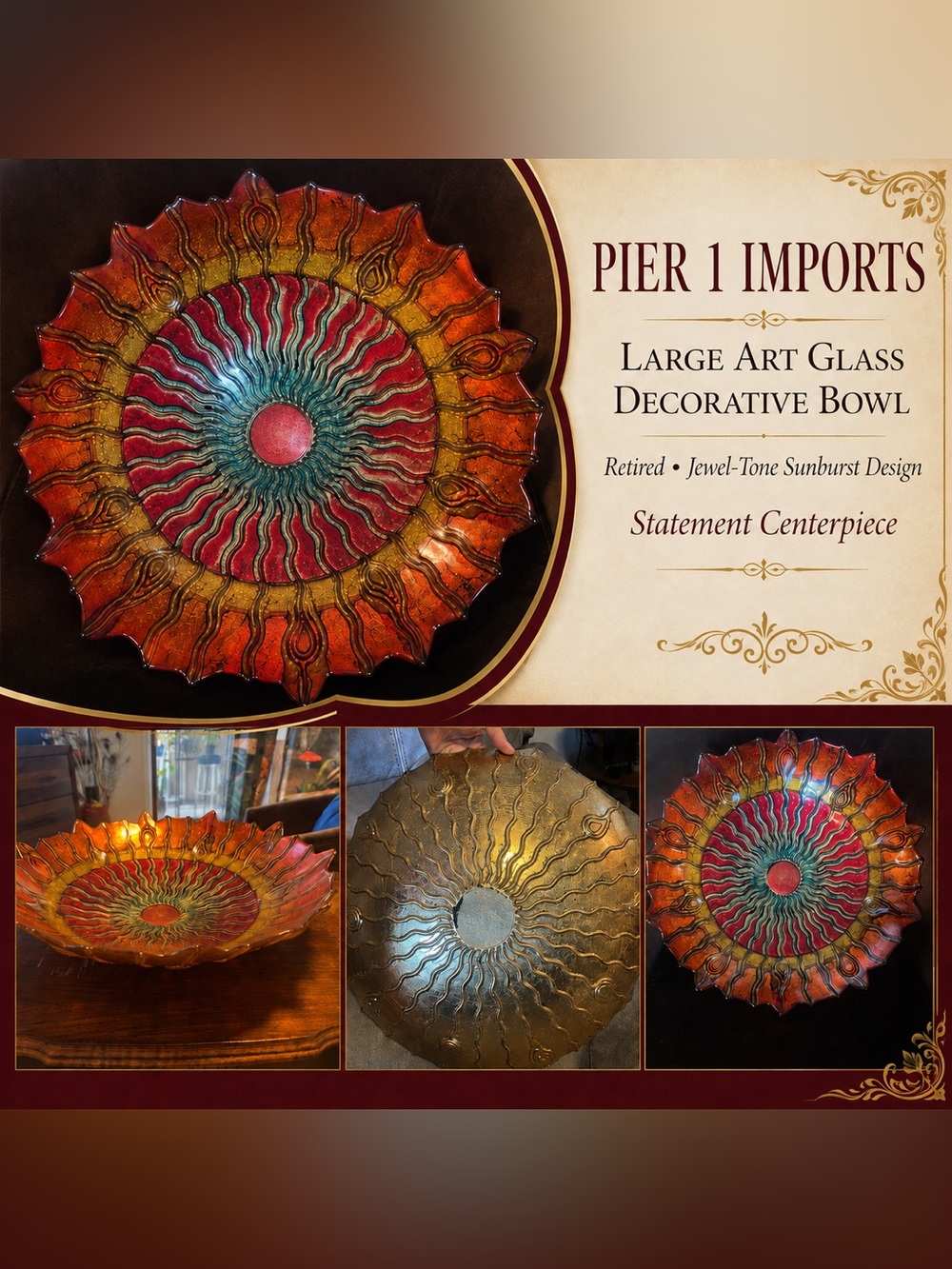Pier 1 Jewel-Tone Sunburst Decorative Wall Bowl - Red/Gold/Teal